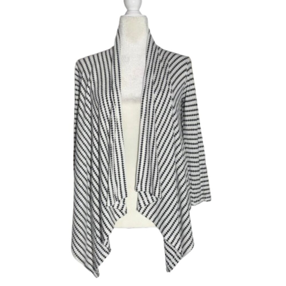 Meraki Open Front Cardigan  White/Black Knit Drape Cascade Long Sleeve Small